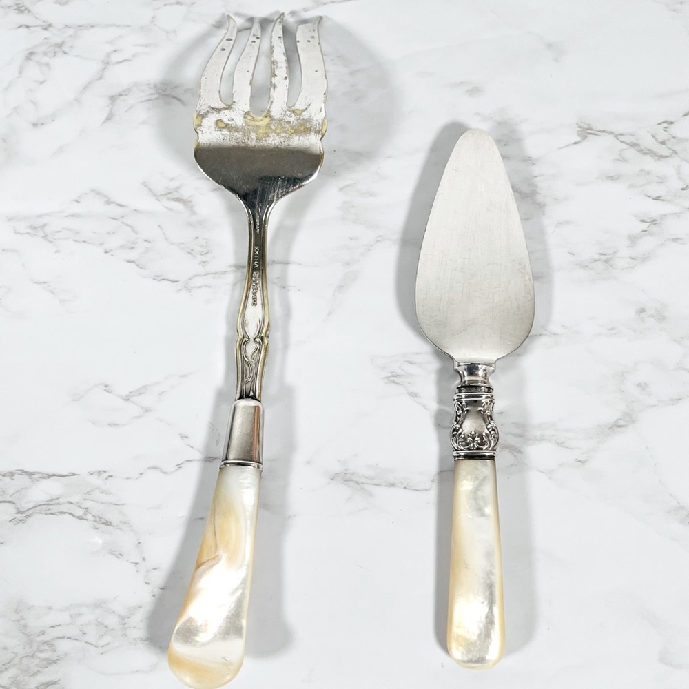 Vintage Silver Plated Serving Set With Porcelain Handles & Storage Sleeves - Picture 4 of 10